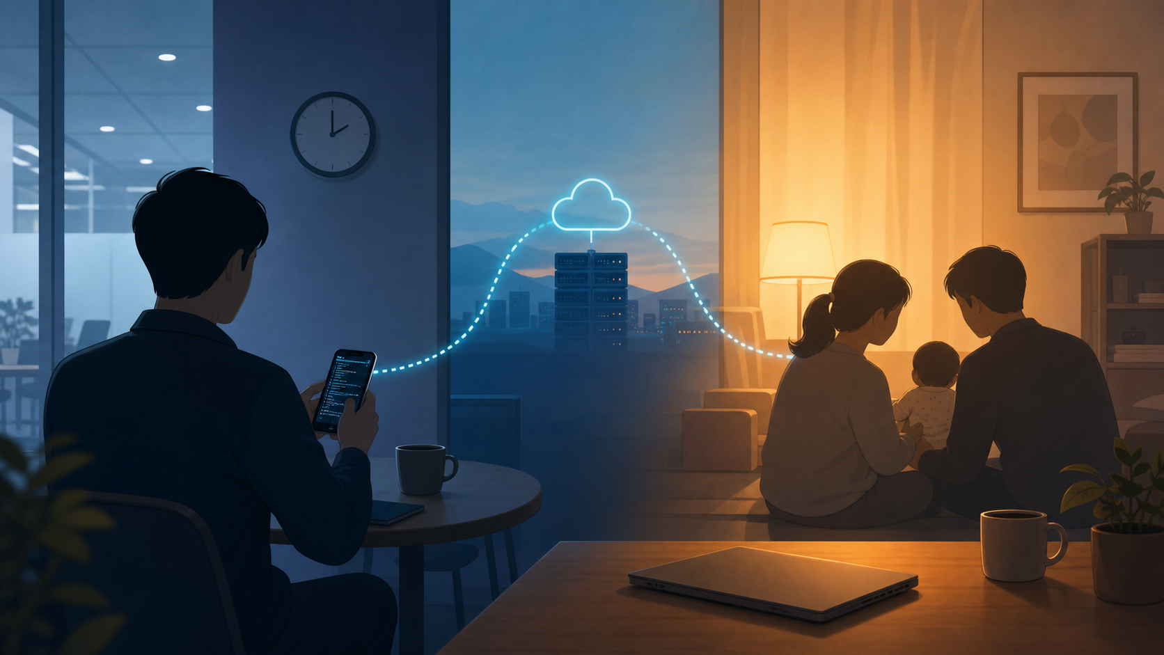 회사 휴식 시간의 원격 개발과 저녁 가족 시간을 함께 표현한 Vibe Coder Server 제작 배경